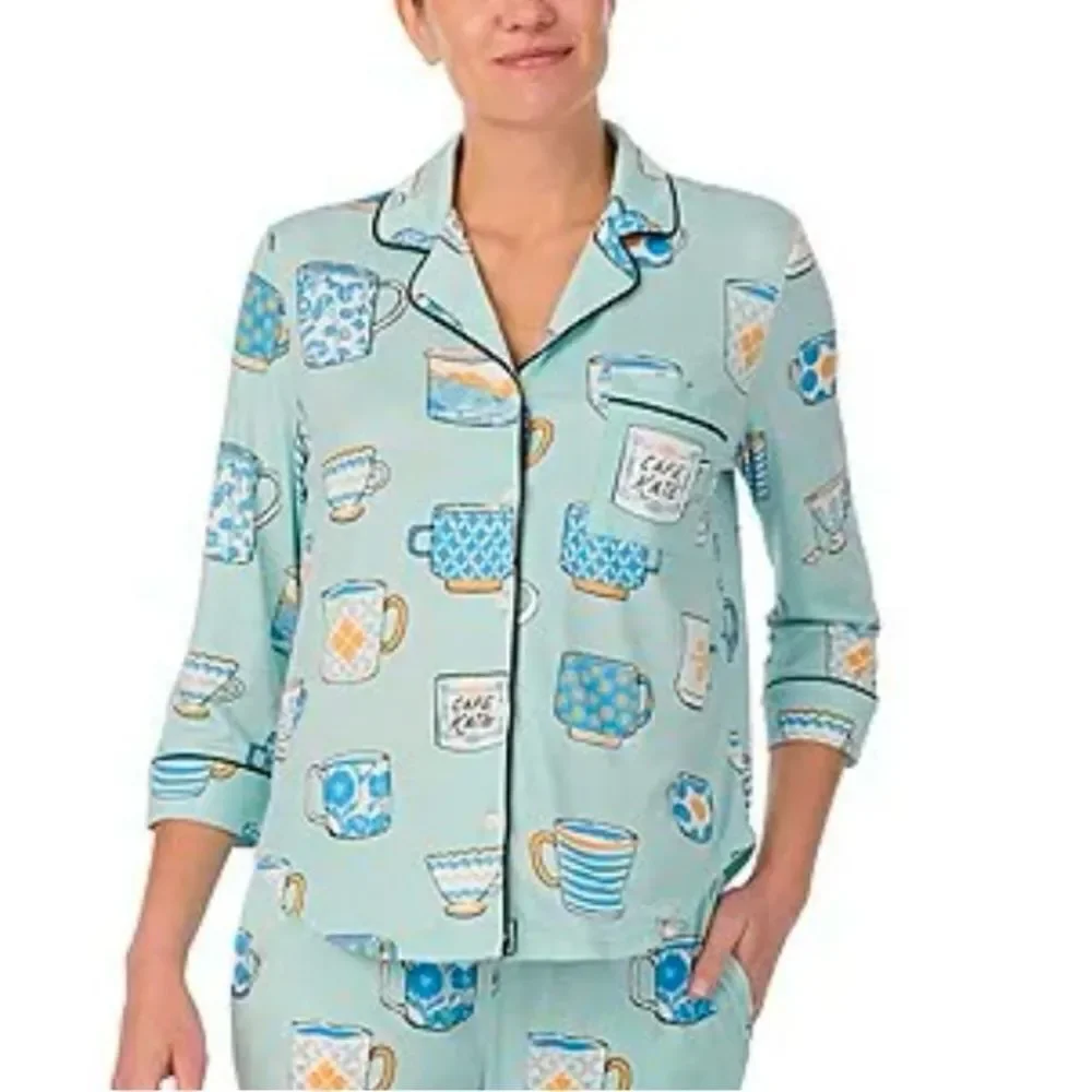 kate spade XL Light Blue Tea Coffee Print Notch Collar 3/4 Sleeve Pants PJ Set